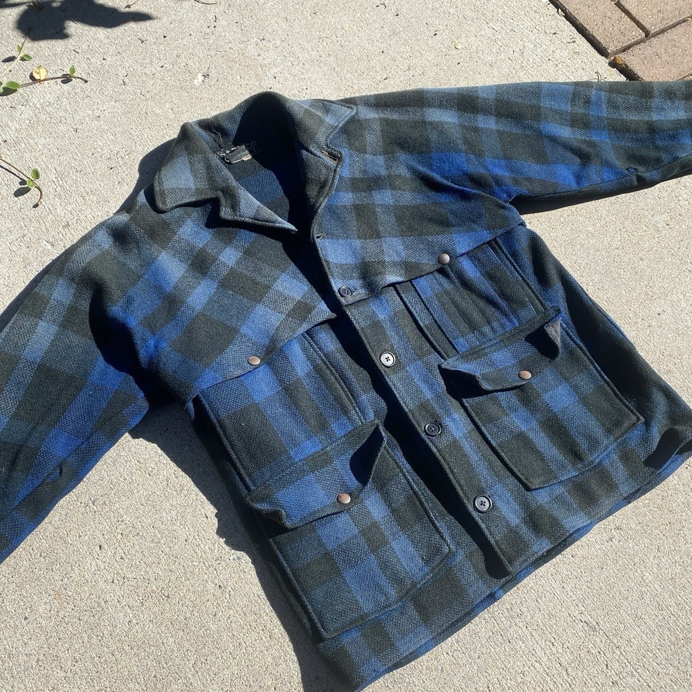 Vintage Black Bear Brand 30s 40s Blue Plaid Mackinaw Cruiser Jacket Sun Fade M/L